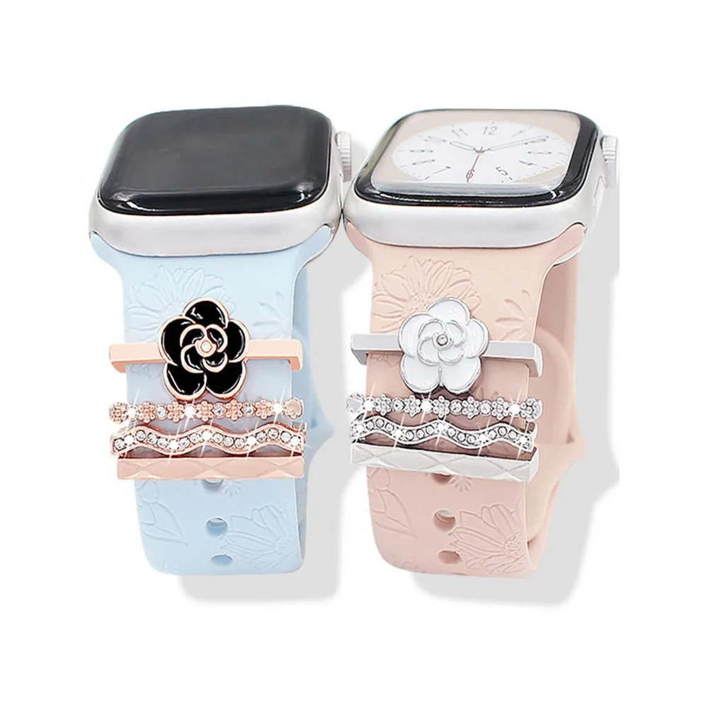 Compatible with Watch Silicone Strap Camellia Blossom Metal Charm Stud Personalized Wristband Decorative Jewelry