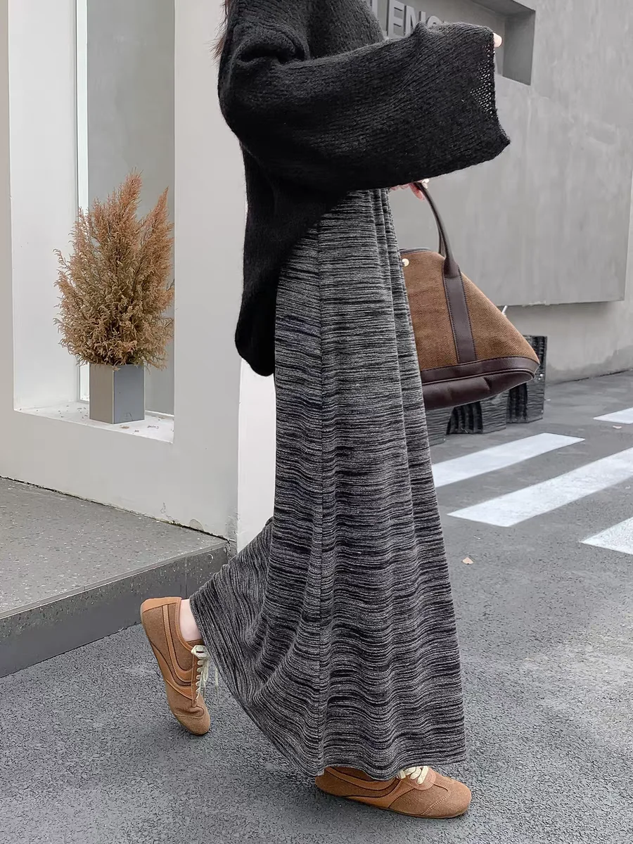 Damskie spódnice midi z dzianiny w kolorze szarego węgla 2025: spódnica prosta vintage z wysokim stanem, spódnica wyszczuplająca brzuch, nowa jesienna spódnica długa o dopasowanym kroju.