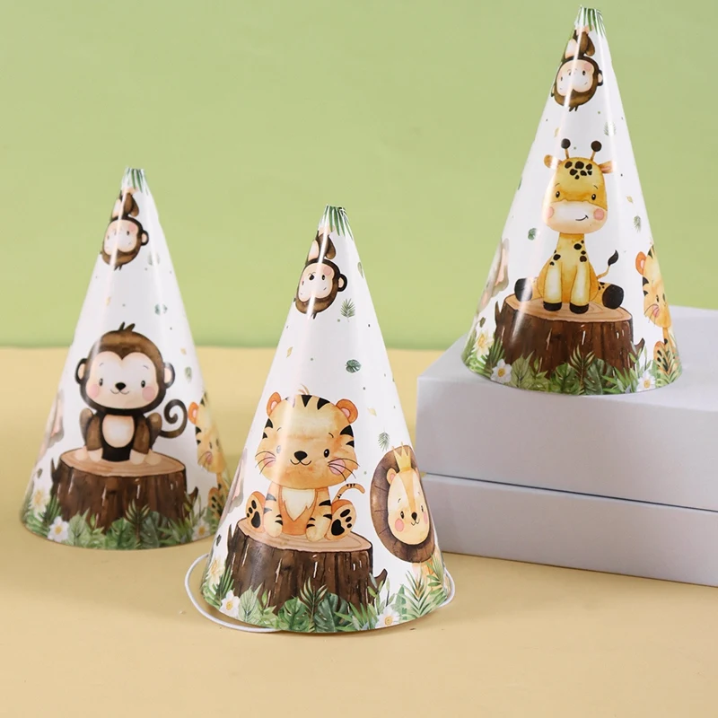 6 Stück Cartoon-Tier-Geburtstagshüte im Bauernhof-Stil, konische Papierhüte für den 1. Geburtstag, Babyparty, Partydekoration, Foto-Requisiten – Detail 4