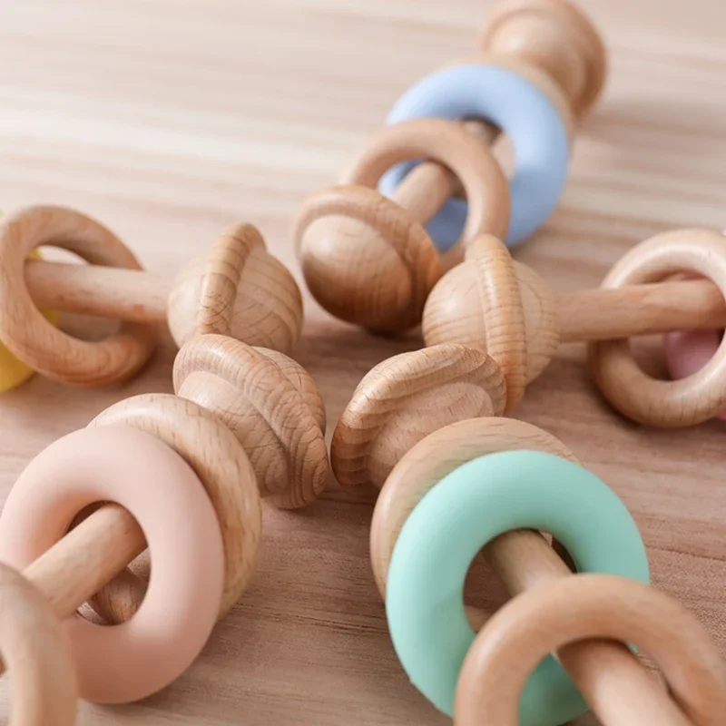 Baby Wooden Montessori Toys Music Rattle Hand Bells Teethers Beech Wooden Rings Star Rattle Soother Teether Toys Chew Baby Toys