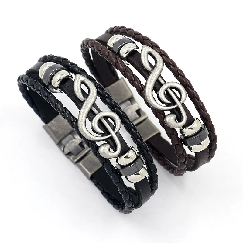 Vintage Multi-layer Leather Woven Music Note Bracelet Charming Men\'s Bracelet Fashion Hip-hop Punk Accessories Jewelry Wholesale