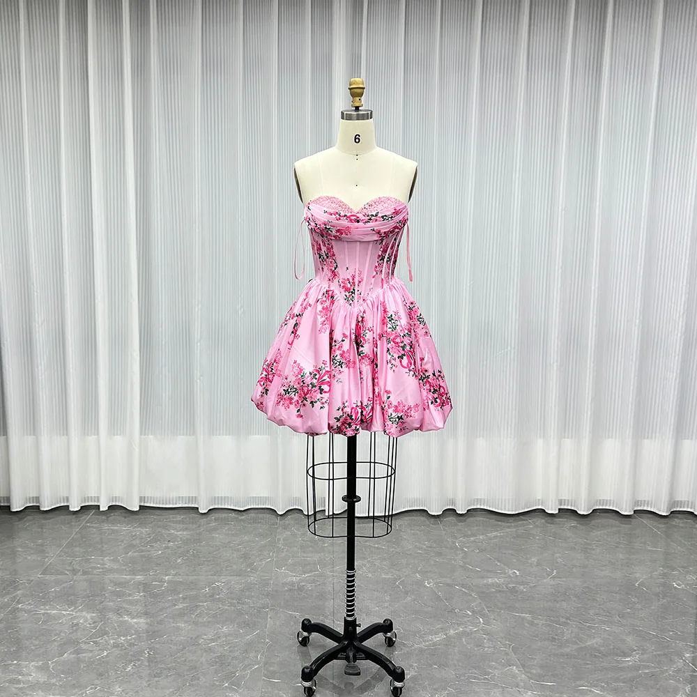 YQLNNE 핑크 프린트 꽃무늬 짧은 미니 댄스 파티 드레스 스윗하트 새틴 공식 파티 이브닝 ​​가운