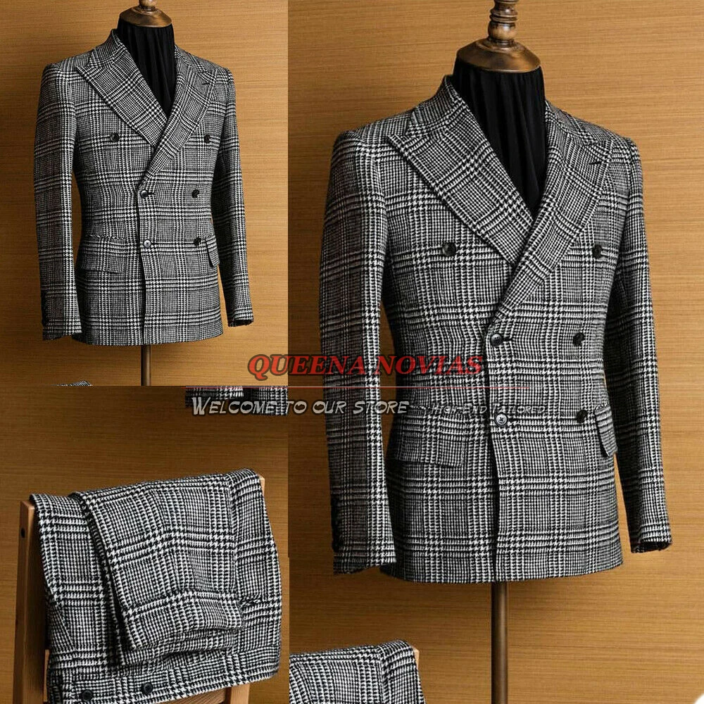 

Grey Plaid Check Suits Men Slim Fit Double Breasted Coat Pant 2 Pieces Formal Groom Wear Dinner Wedding Tuxedo Custom Made Dress