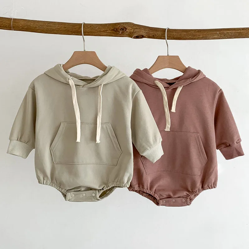 Autumn Spring Korean Style Toddler Baby Boys Girl Romper Long Sleeved Cotton Solid Color Hooded Newborn Baby Girl Boys Jumpsuit