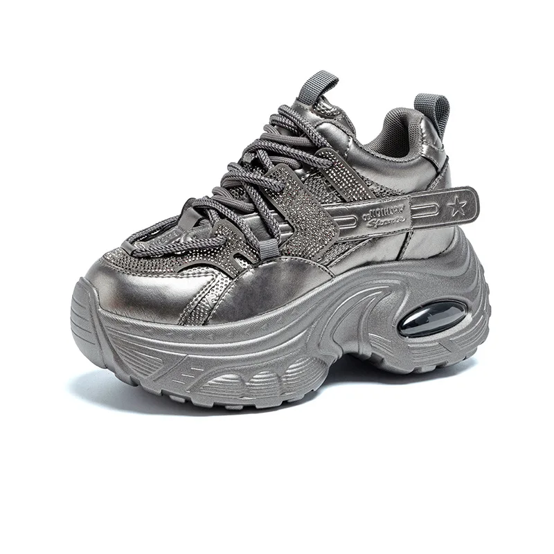 

9 см блестящие массивные кроссовки из натуральной кожи со стразами, весна-лето-осень, дышащая женская модная обувь на танкетке на платформе