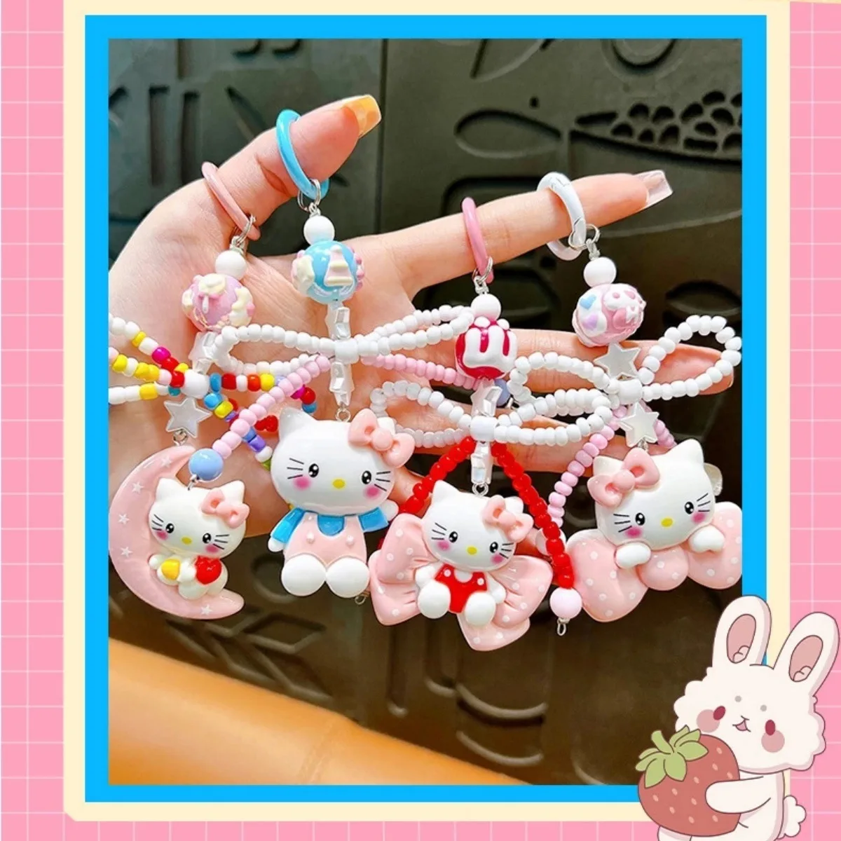 

Anime Doll Hello Kitty Kuromi Creative Cat Beaded Mobile Phone Chain Keychain Cute Bag Pendant Case Accessories Couple Gifts Toy