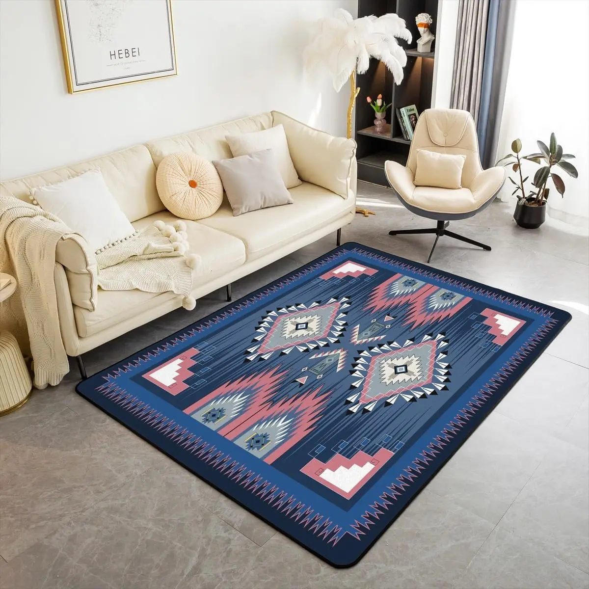 

Bohemian Decor Living Room Rugs for Boys Rustic Western Decorative Carpet for Kids Teens Youth Adult Dark Blue Boho Aztec Area