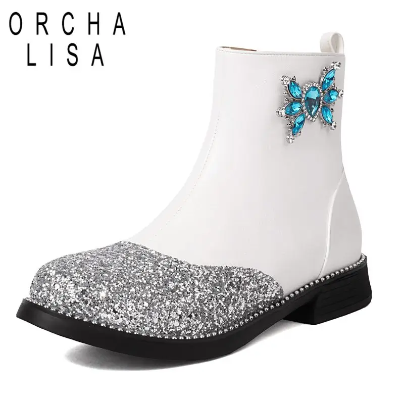 

ORCHALISA Fashion Women Ankle Boots Round Toe Block Heels 2.5cm Zipper Mixed Color Glitter Small Size 31 32 Daily Bota