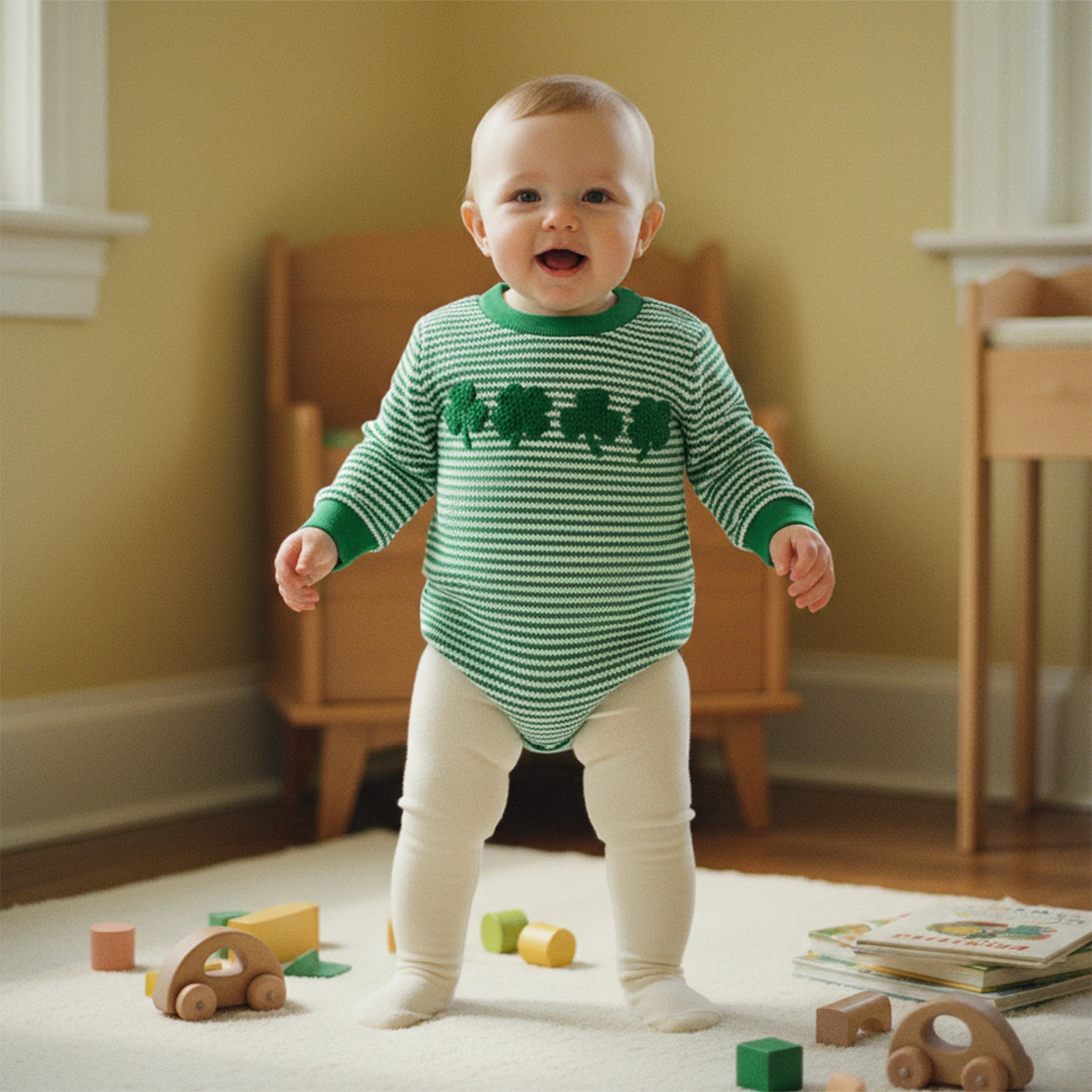 

Irish Festival Baby Rompers Comfortable Long Sleeve Round Neck Shamrock Embroidery Plaid Jumpsuit Newborn Clothes