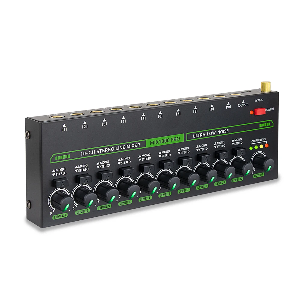 10-Kanal-Soundmixer, USB, 5 V, Strom, Stereo, geräuscharme LED-Soundmixer für Mikrofone, Gitarren, Bass, Tastaturen