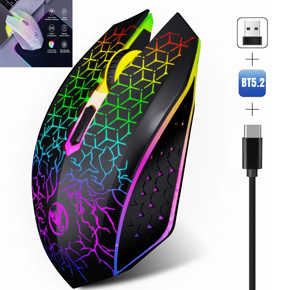 Wireless with Bluetooth Mouse 2.4GHZ BT5.2 Dual Mode Mouse 3D Crack Pattern  6 Mute Button Colorful Light Type C Charging Mouse