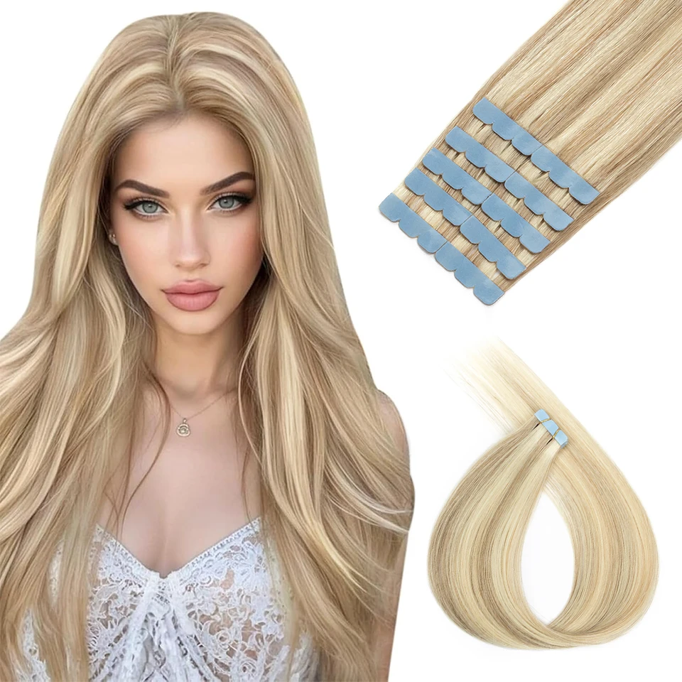 Mini Cinta en Extensiones de Cabello Humano Doble Cara PU Sin Costuras Cinta en Cabello 10pzs/paquete Natural Recto Negro Marrón Rubio 2