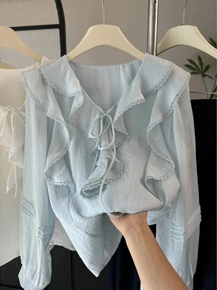 French V-Neck Chic Long Sleeved Blouse Women's Spring Summer Ruffled Casual Top New Design