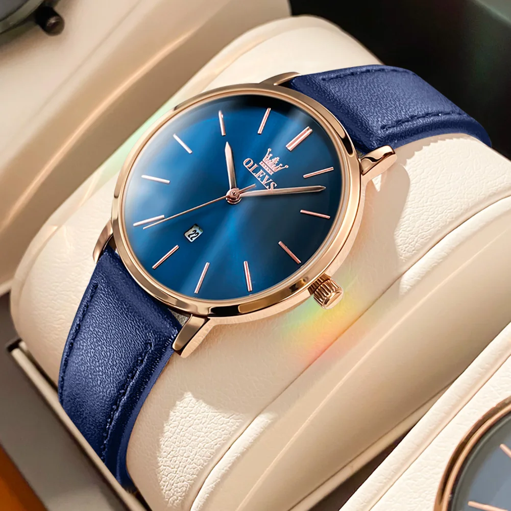 OLEVS Casual Quartz Watch for Women 6.5mm Ultra-thin Dial Gold Blue Leather Strap Fashion Luxury Brand Women's Wristwatches