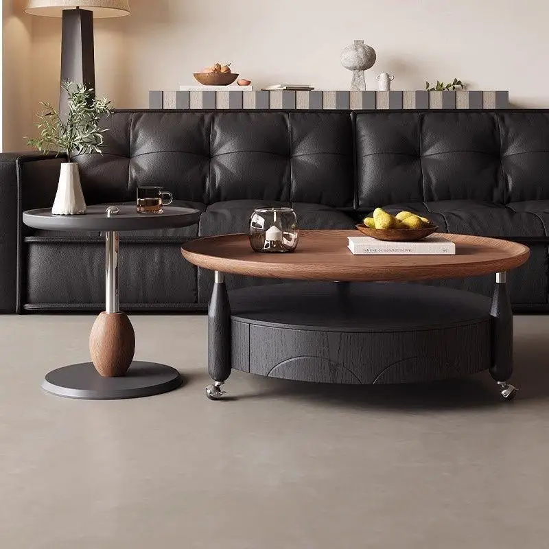 Medieval style living room coffee table combination French round home retro solid wood light luxury advanced small apartment