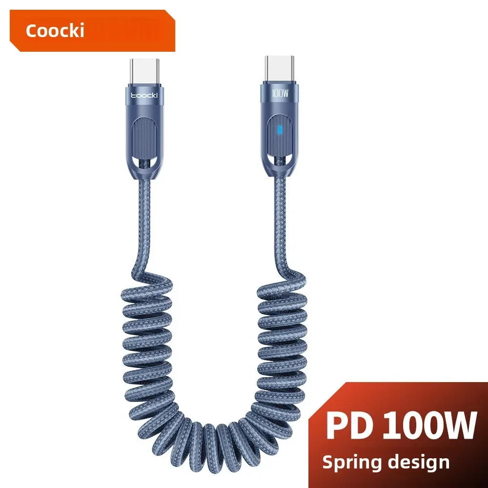 100W USB C To USB Type Cable Spring Telescopic Car Phone Charger Type C Cable For Macbook iPhone 15 Samsung Huawei Xiaomi