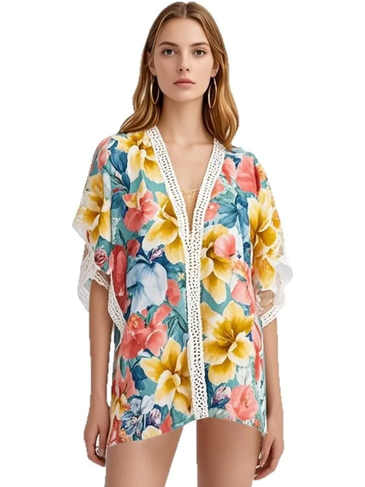 Strandkimono voor dames met bloemenprint, badpak, cover-up, wikkeljurken, badpakken aan zee, strandkleding, 2025, zomerbadmode, strand