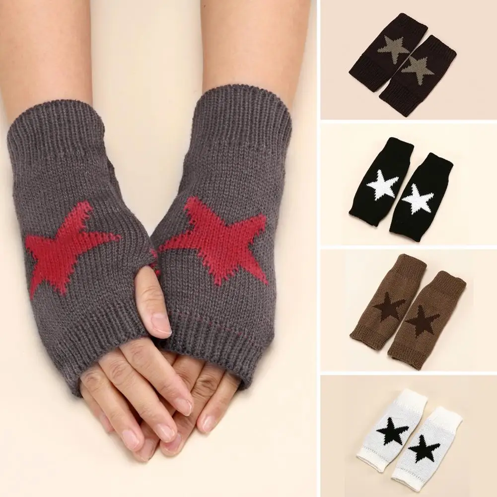 Fleece Lined Gloves Knitted Half Finger Winter Typing Gloves with Star Print Anti slip Wrist Heat for Students