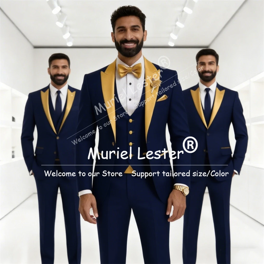 

Gold Collar Suit Attire For Men Formal Occasion Groom Wedding Party Tuxedos Customized Prom 3 Piece Set Male Blazer Vest Pants