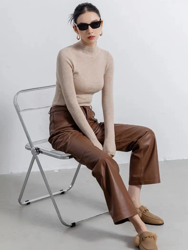 Women's Retro-Style Sheepskin Leather Pants Wide-Leg Straight-Leg Casual Flowing Genuine Leather Trousers