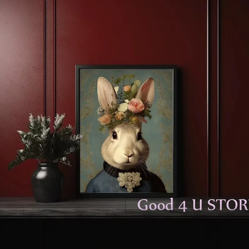 Vintage Flowers Noble Rabbit Portrait Renaissance Animal Poster Canvas Decoration Painting Home Room Decoration Wall Art