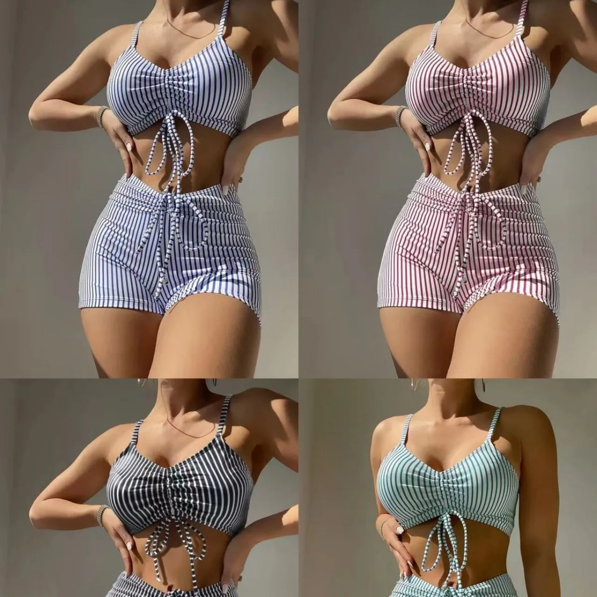

New Striped Printed Drawstring Lace-up, High-waisted Split Boxers, Conservative Swimsuit, Swimsuit.