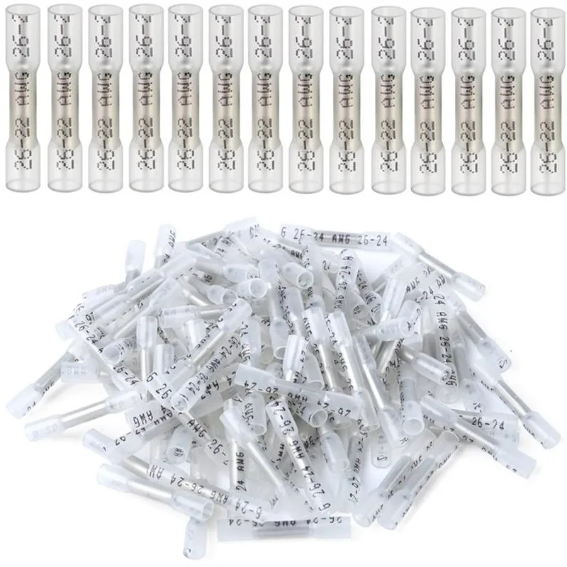 10-1000pcs White Heat Shrink Butt Connector AWG 26-22 Electrical Connectors 0.5mm Waterproof Insulated Automotive Marine Stereo