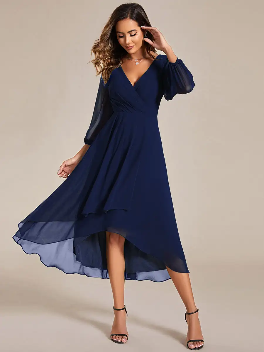 Sempre bonita-vestido de noite chiffon, elegante vestido de noite, mangas compridas, babados plissados, comprimento do joelho, azul marinho, vestidos de casamento, 2024