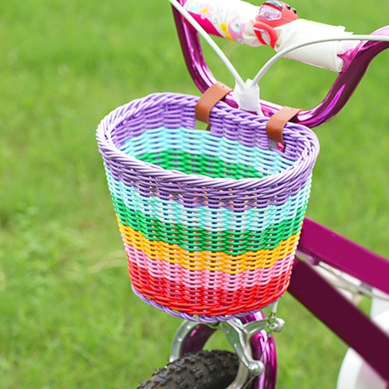 Childrens Bicycles Basket Rainbow Color Plastic Wovens Bikes Basket for Boy Girl Dropshipping