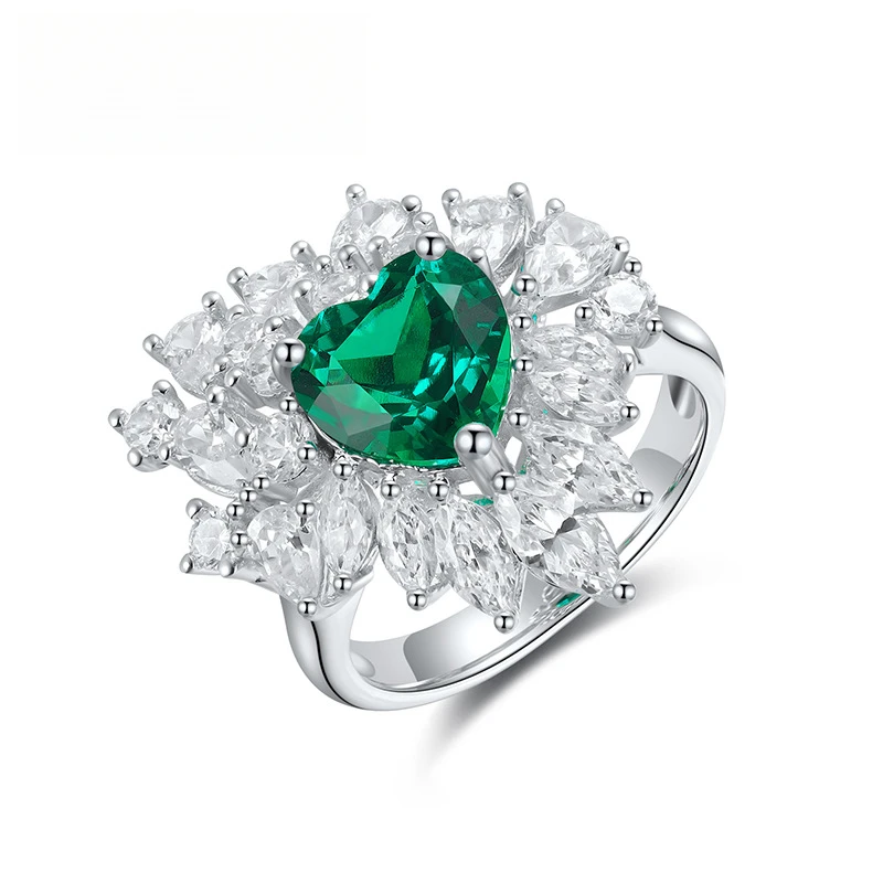 Luxury Design High Quality Lab Grown Colombian Emerald 1.8CT Heart Shape Ring For Women Wedding Jewelry