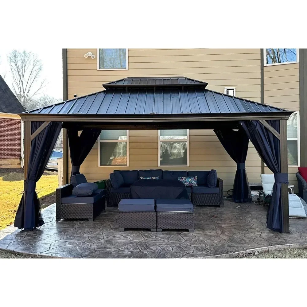 

12'X16 'metal hardtop backyard terrace pavilion with mesh and curtains for free delivery