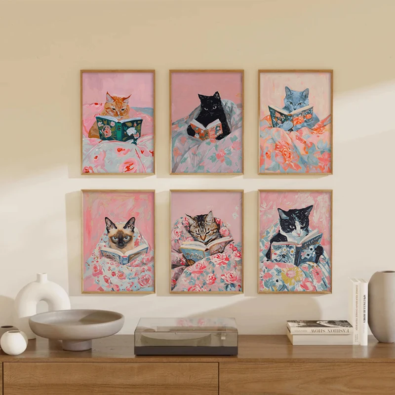 

Pink Cosy Cat Reading Books Wall Art Reading Room Library Study Room Art Canvas Painter Residence Living Room Decorative Poster