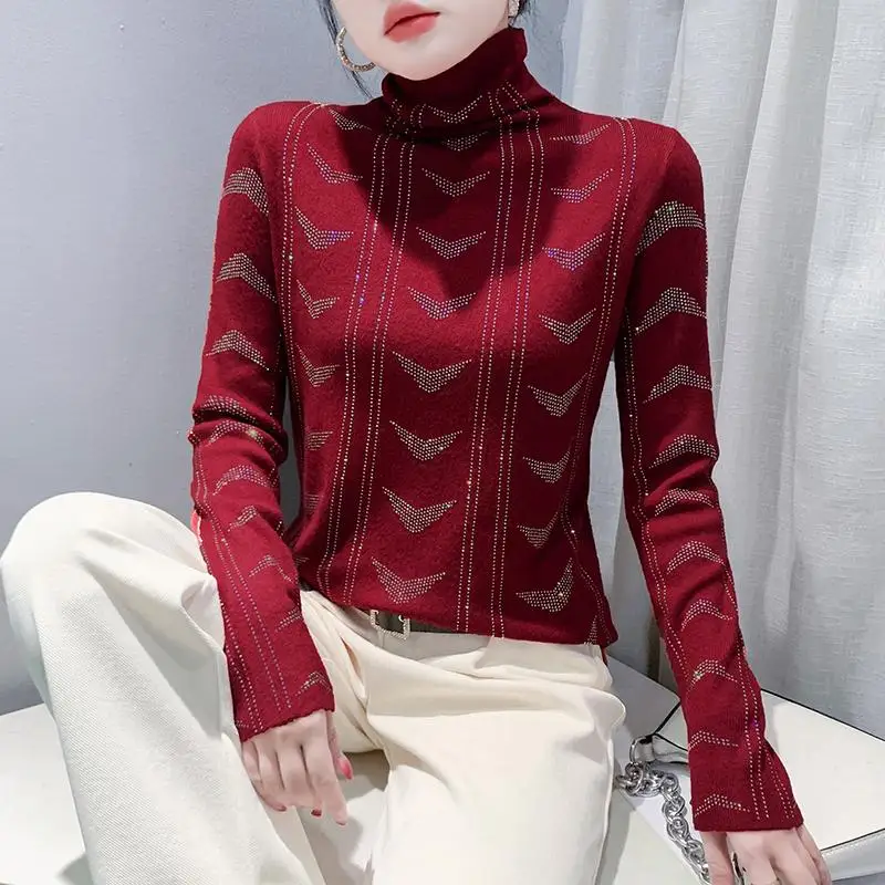 

High Collar Knitwear Women's Autumn Winter Heavy Embellied Long Sve Slimming Base Layer irt Korean Sle Commute Faion