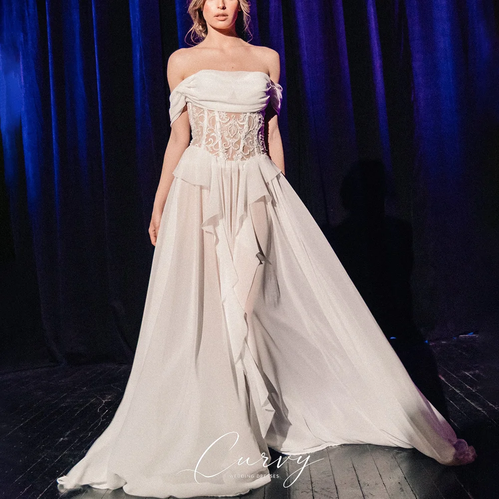 Curvy Modern Elegant Chiffon Wedding Gown for Women Off‑the‑Shoulder Lace Waist Detail Ruffle Skirt Forest Wedding Party