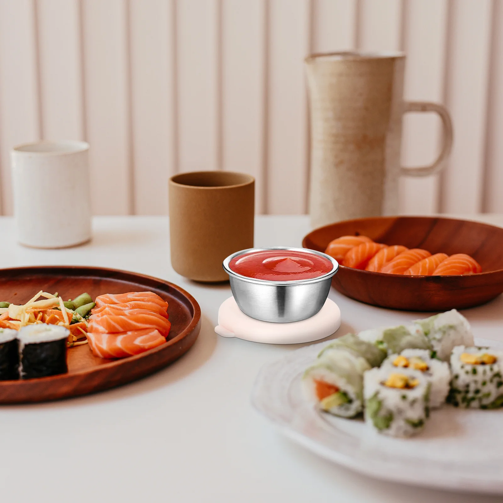 

4pcs Stainless Steel Sauce Cups Lids Silicone Cover For Sushi Soy Dipping Bowls Small Appetizer Dish Kitchen Condiment