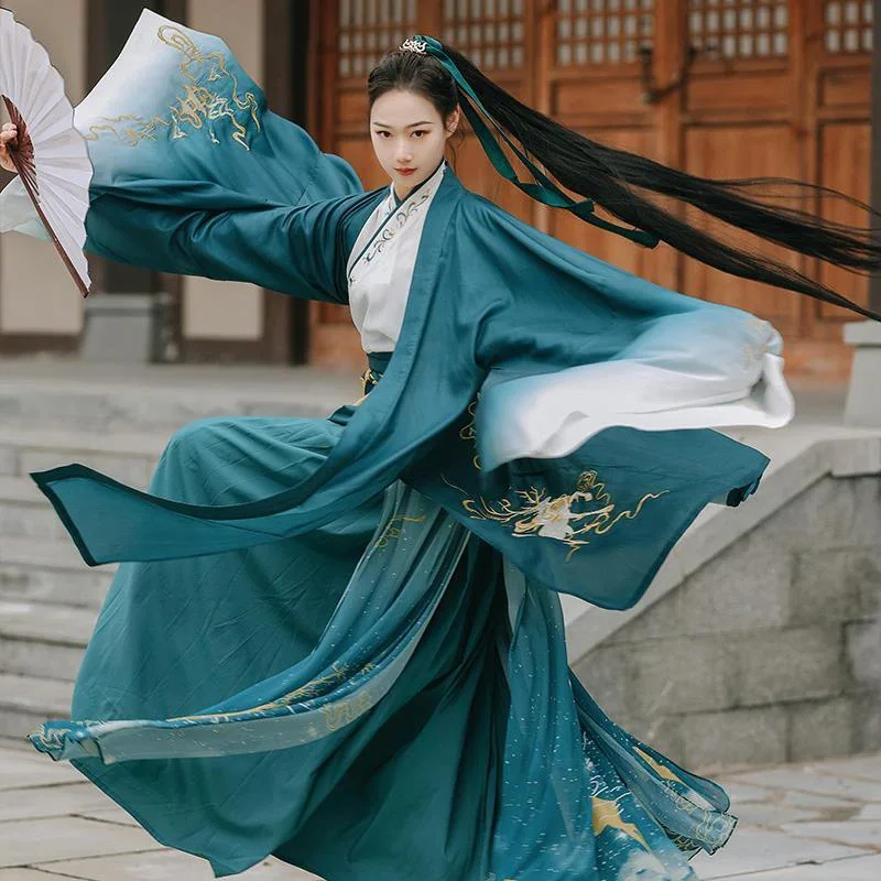 Green Hanfu Pattern Modern Style Flower Embroidery Dress Skirt Cape Big Sleeve Tops Suits Chinese Style Tang Dynasty Han Element