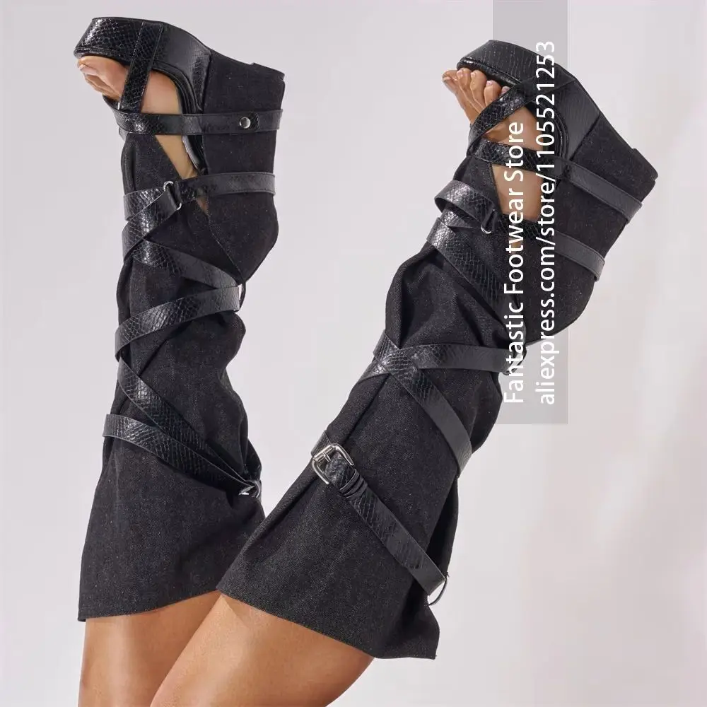 Blue Denim Fabric Shaft Boots Open Peep-toe Design Black Wrap-around Buckle Straps Boots Covered Wedge Platform Sole Tall Boots
