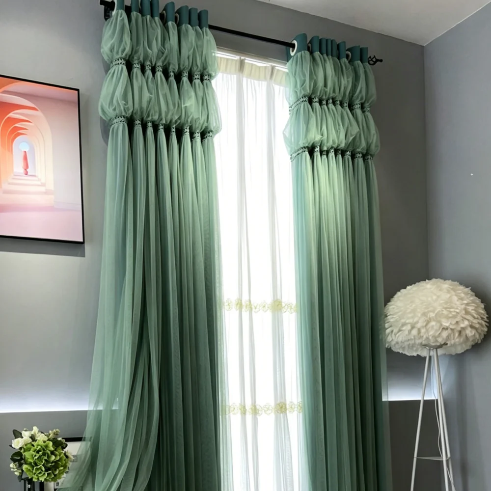 Dark Green 2 - Layer Tulle & Fabric Curtains Korean Style Luxury Princess Blackout Drapes for Living Room Bedroom