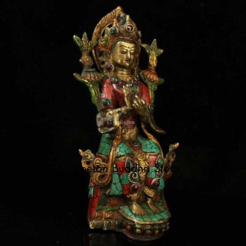 9'' tibet bronze gold turquoise red coral gem Guanyin Manjusri Buddisattva