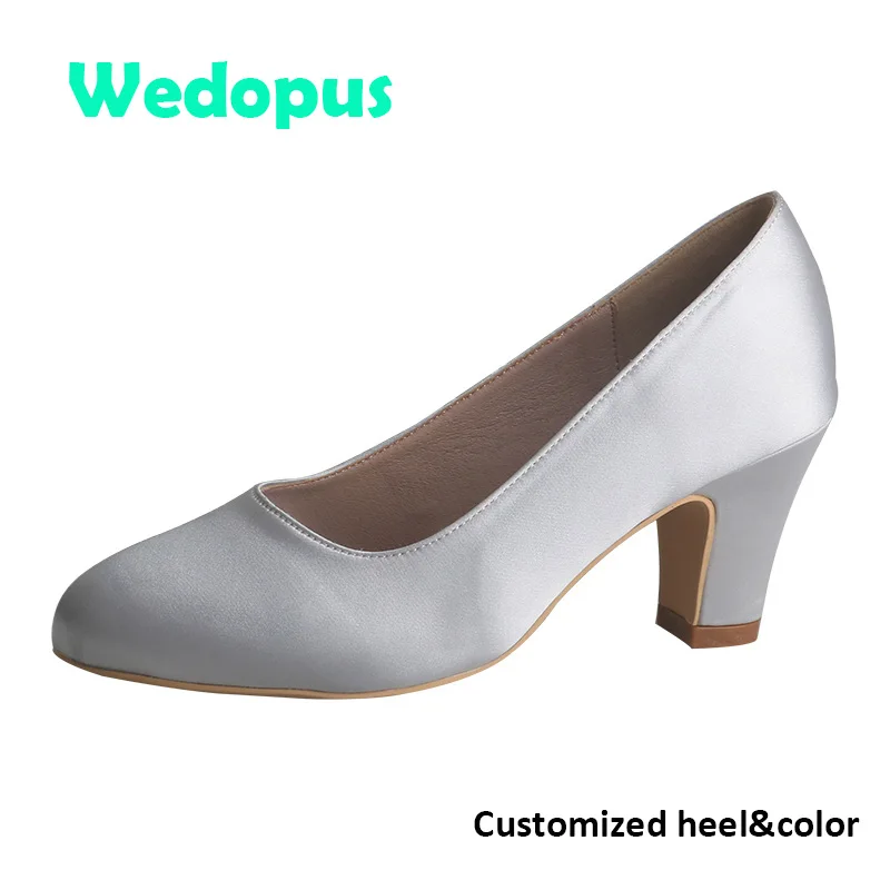 Wedopus Customized Heel Women Block Heel Shoes Bridesmaid Grey Color Round Toe Pumps for Wedding 7CM