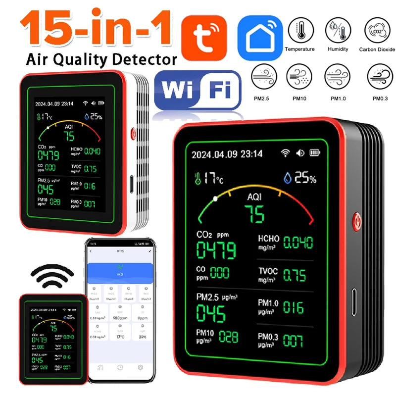 ABVO-Tuya Wifi 15 en 1 Detector de calidad del aire portátil para el hogar AQI PM0.3 PM1.0 PM2.5 PM10 CO CO2 TVOC HCHO probador con montaje