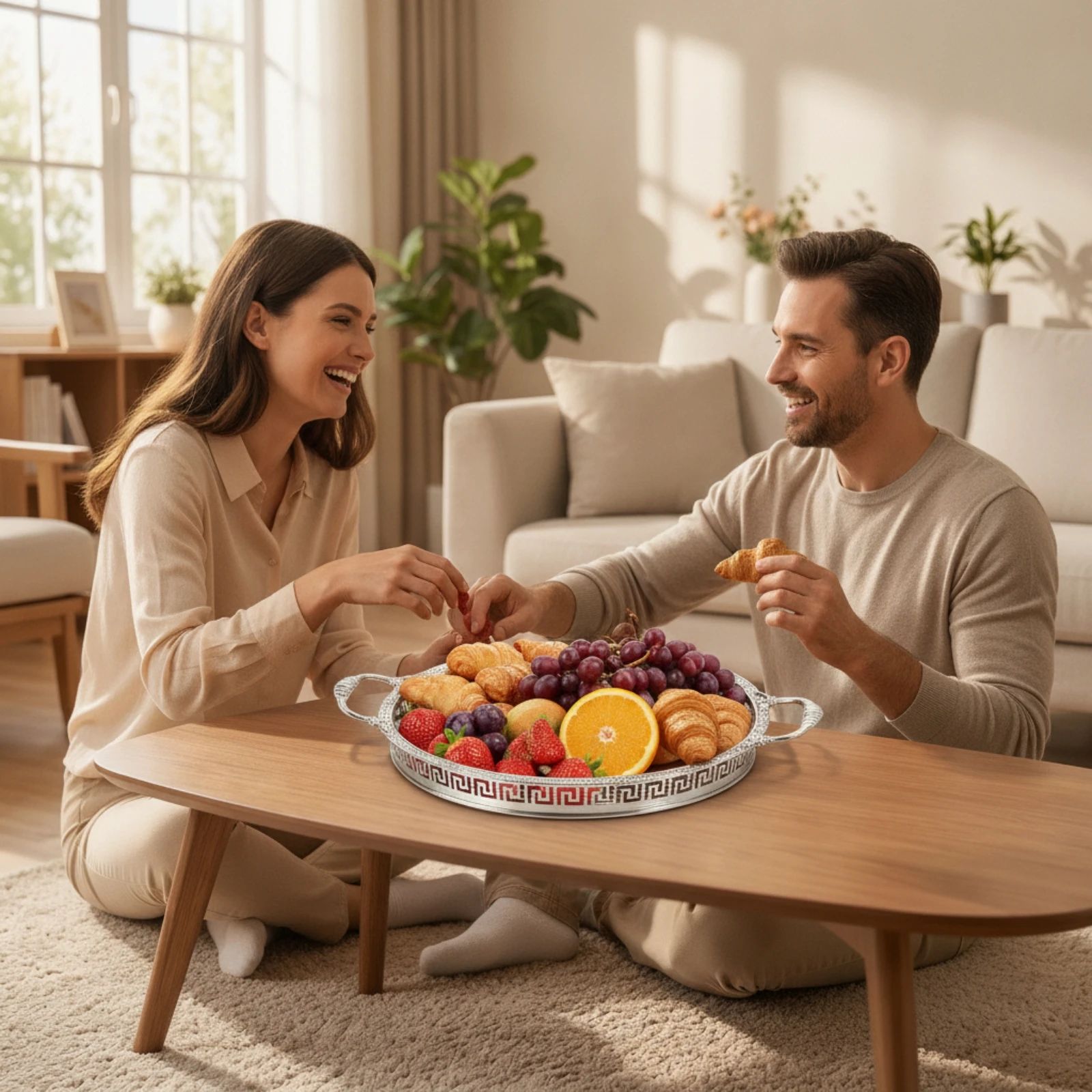 Metal Tray with Handles Elegant Embossed Serving Tray Round Platter with Handles Classic Versatile for Hosts, Dining Table