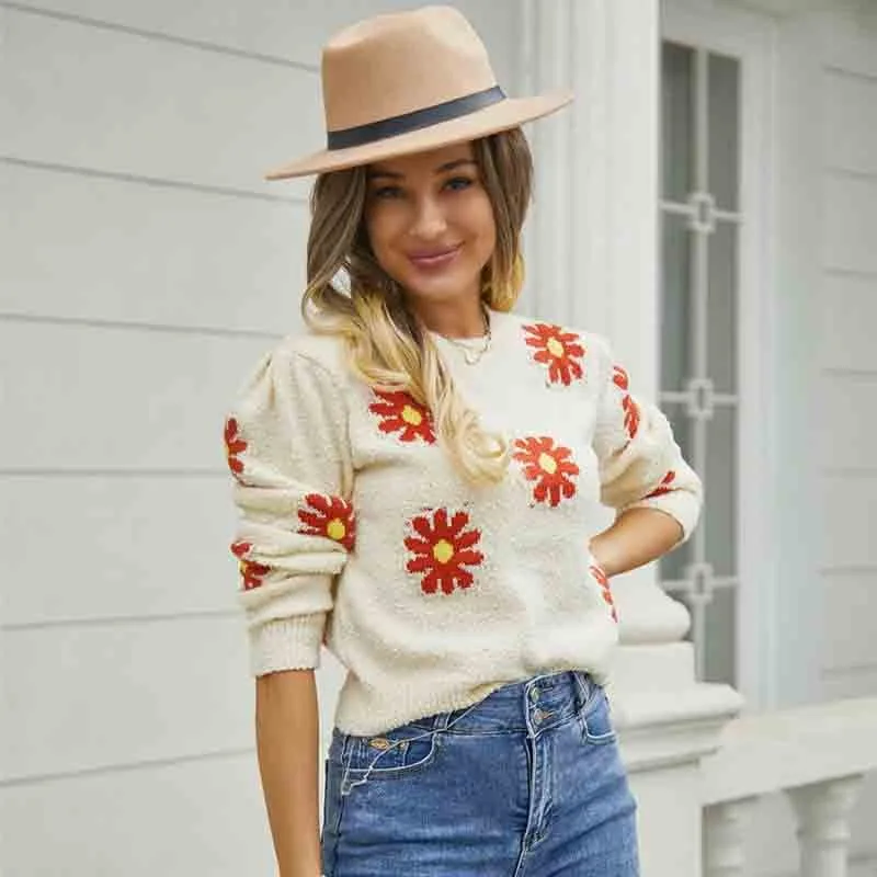 

Woman Chic Floral Print Long Sleeve Knite Sweater O Neck Ladies Pullover Causal Warm Jumper 2023 New Winter Vintage White Top