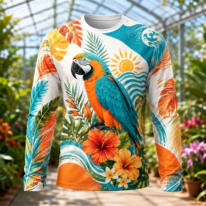 Mens Long Sleeve T Shirt 3d Print Parrot Tropical Palm Leaf Flower Ocean Wave Pattern Top Crew Neck Casual Tee Beach Party Wear