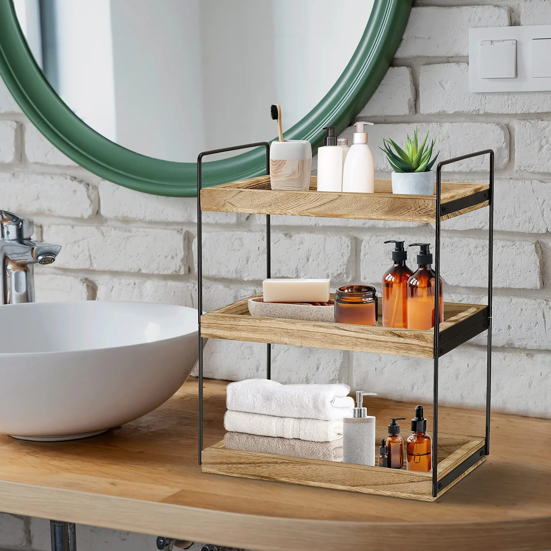 

Wooden Double-Layer Storage Rack Desktop Iron Bathroom Home Multi-Purpose Kitchen Spice Rack Saving Space Tableware Organizer