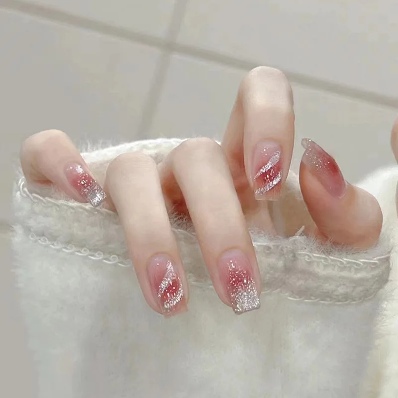 

24pcs Long Coffin Fake Nails - Pink Glitter Ombre Trendy & Insta-Worthy Thin French Design (Multi-Size Fit)