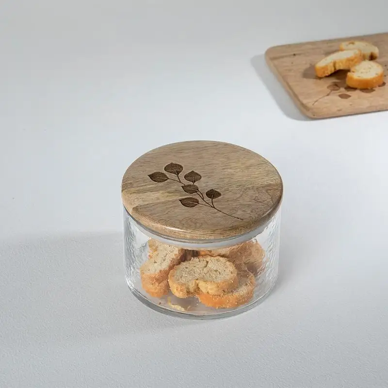 

Leafy Twig Glass Jar with Wood Lid 700ml Decorative Container for Storage