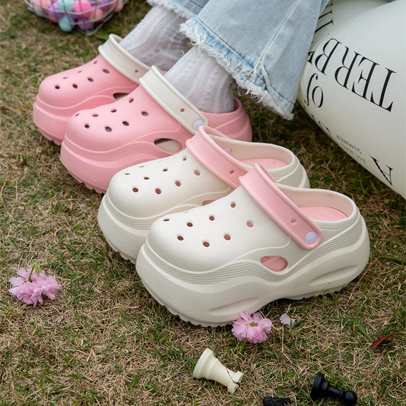 7.5cm Thick Soled Garden Sandals Women Hole Shoes 2024 Summer Street Sandals And SlippersBeach Shoes EVA Sandals