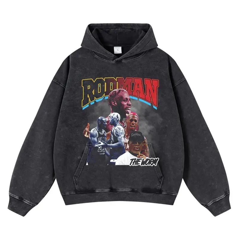 Harajuku Rodman Portrait Graphic Hoodie Sweatshirt Vintage Hip Hop Cotton Loose Heavy Weight Distressed Wash Hooded Hoodie