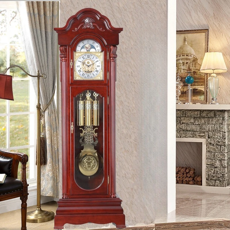 Pear wood European floor clock mechanical seat clock retro villa bronze bell